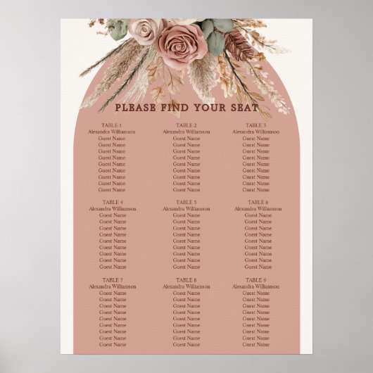Taupe ivory pampas grass wedding seating chart ポスター (正面)