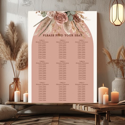 Taupe ivory pampas grass wedding seating chart ポスター