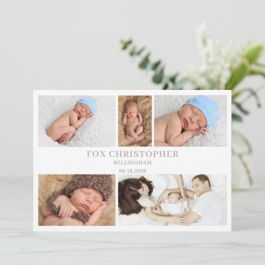 Taupe Minimal Photo Collage Baby Announcement Card 招待状 (スタンド正面)