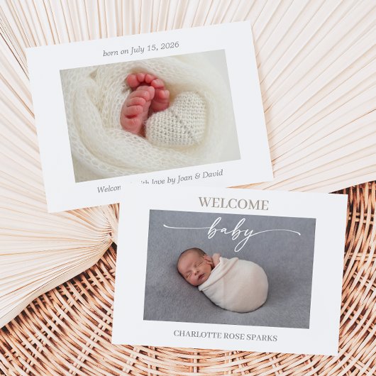 Taupe Minimal Welcome Baby Photo Announcement Card 招待状