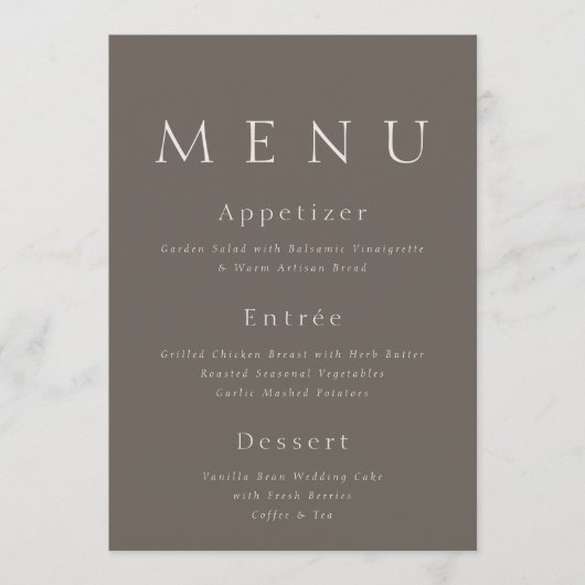 Taupe Minimalist Wedding Menu Card 招待状 (正面)