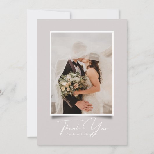 Taupe Modern Photo Frame Wedding Thank You card 招待状 (正面)