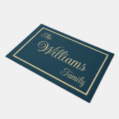 Taupe Navy Elegant Script Family Name Welcome Gift ドアマット (アングル)