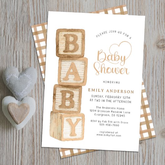 Taupe Neutral Baby Blocks Cottage Baby Shower  招待状