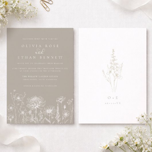 Taupe Neutral Wildflower Wedding Invitation 招待状