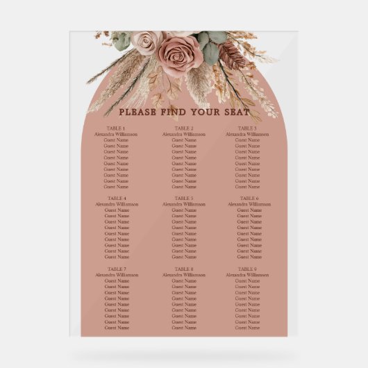 Taupe pampas grass wedding seating chart アクリルサイン (正面)