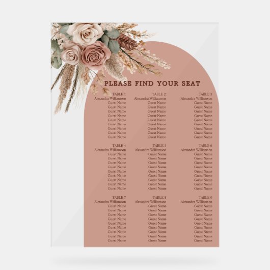 Taupe pampas grass wedding seating chart アクリルサイン (正面)