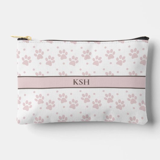 Taupe & Pink Paw Print Cosmetic Bag – Personalized アクセサリーポーチ (正面)