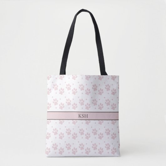 Taupe & Pink Paw Print Tote Bag – Personalized トートバッグ (正面)