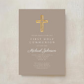 Taupe Religious Cross Boy First Holy Communion 招待状