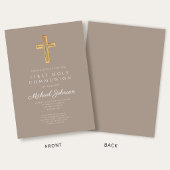Taupe Religious Cross Boy First Holy Communion 招待状