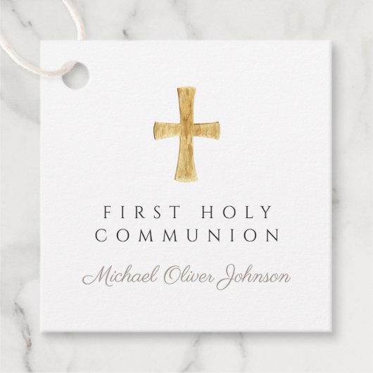 Taupe Script Cross Boy First Communion フェイバータグ (正面)