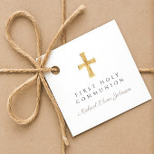 Taupe Script Cross Boy First Communion フェイバータグ