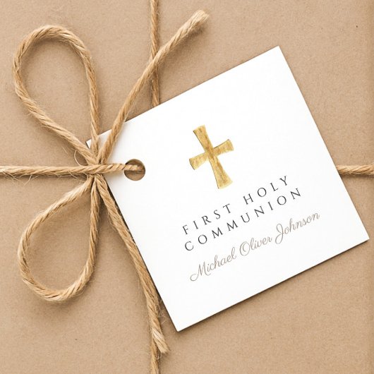 Taupe Script Cross Boy First Communion フェイバータグ