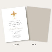 Taupe Script Religious Cross Boy First Communion 招待状