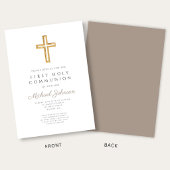 Taupe Script Religious Cross Boy First Communion 招待状