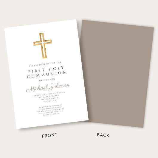 Taupe Script Religious Cross Boy First Communion 招待状