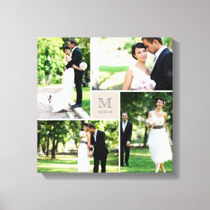 Taupe Square Grid Monogram結婚の4枚の写真コラージュ キャンバスプリント