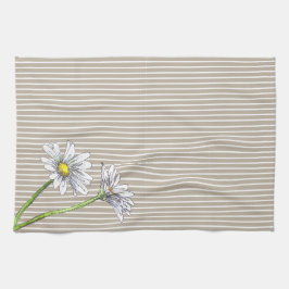 Taupe Striped Floral Watercolor Daisy キッチンタオル
