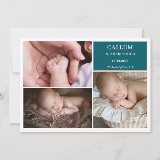 Taupe Teal Baby Photo Collage Announcement Card 招待状 (正面)