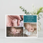 Taupe Teal Baby Photo Collage Announcement Card 招待状 (スタンド正面)