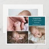 Taupe Teal Baby Photo Collage Announcement Card 招待状 (正面/裏面)