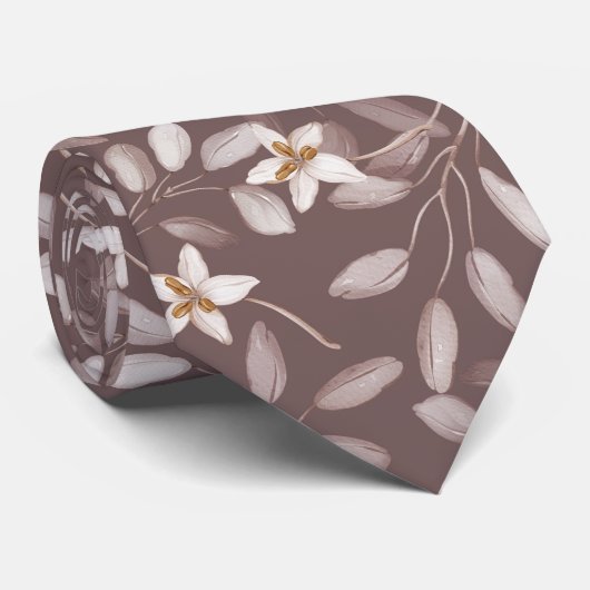 Taupe Watercolor Eucalyptus Floral ネクタイ (ロール)