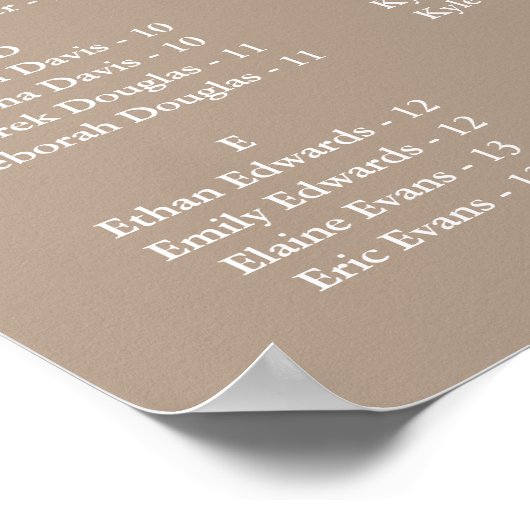 Taupe Wedding Alphabetical Seating Chart ポスター (角)