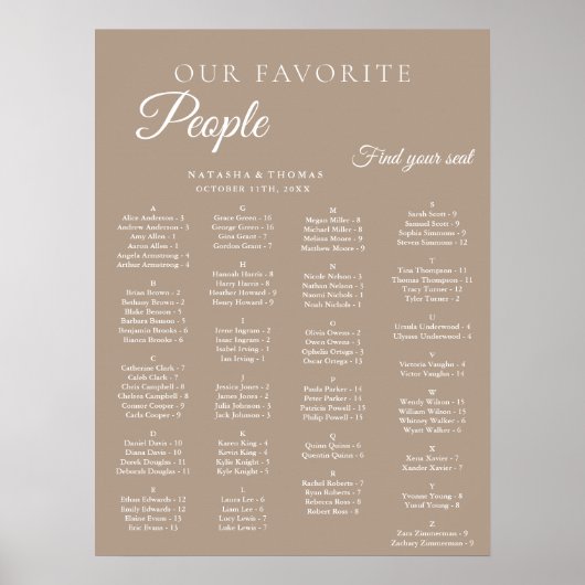 Taupe Wedding Alphabetical Seating Chart ポスター (正面)