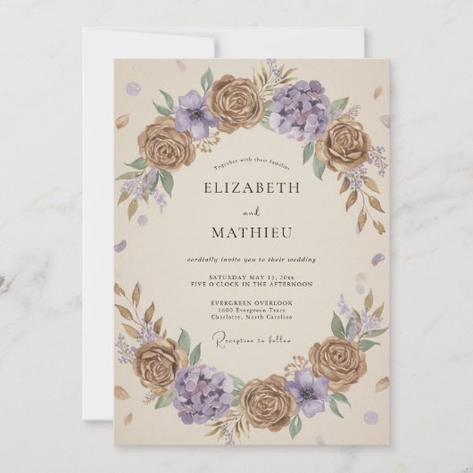 Taupe Whimsical Floral Wedding 招待状 (正面)