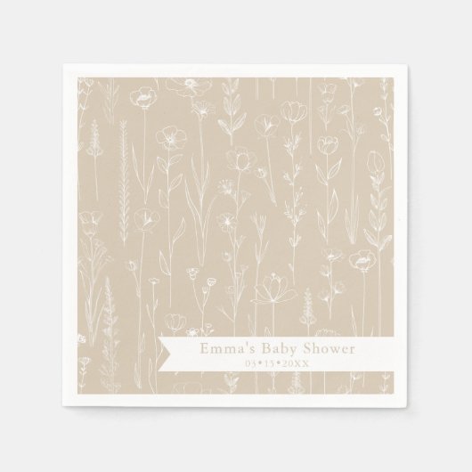 Taupe Wildflower Baby Shower | Floral Pattern スタンダードカクテルナプキン (正面)