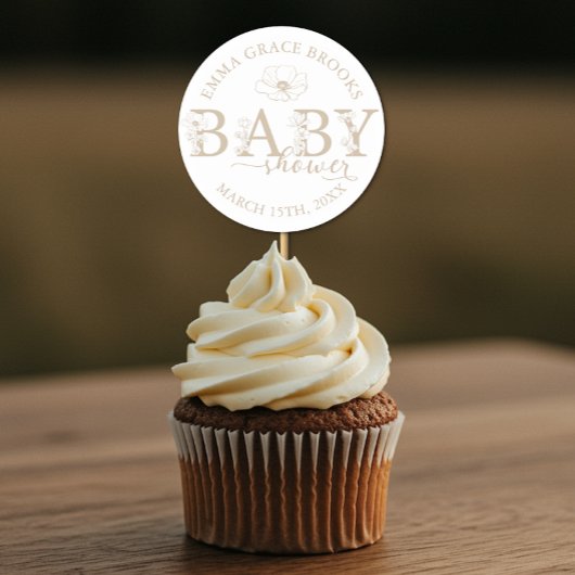 Taupe Wildflower Baby Shower Round Favor Sticker ラウンドシール