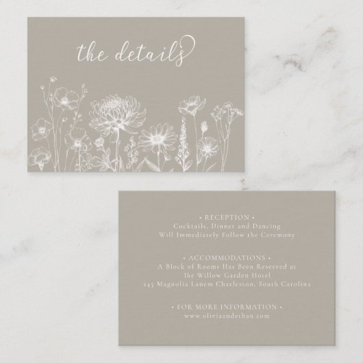 Taupe Wildflower Details Card Neutral Wedding  エンクロージャーカード (正面/裏面)
