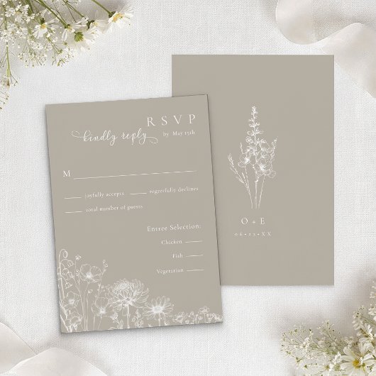 Taupe Wildflower RSVP Card Neutral Wedding Insert エンクロージャーカード