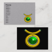 TAURUS金ゴールド〔占星術の〕十二宮図ジュエル、グリーンエメラルド、グレー紙 名刺 (正面/裏面)