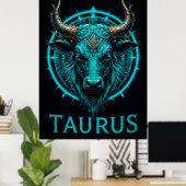 Taurus〔占星術の〕十二宮図シンボル鮮やか(青と金ゴールド) ポスター (ホームオフィス)