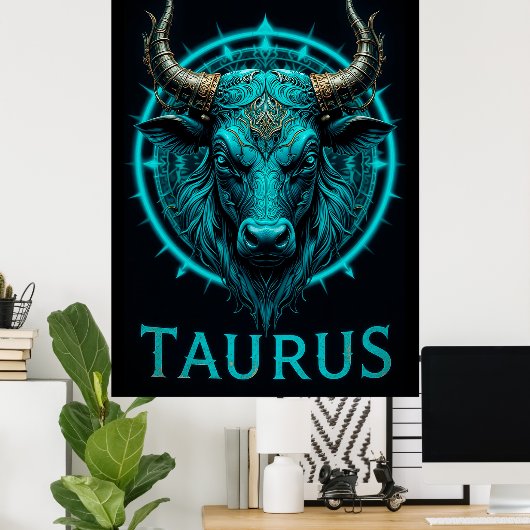 Taurus〔占星術の〕十二宮図シンボル鮮やか(青と金ゴールド) ポスター (ホームオフィス)
