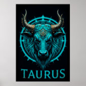 Taurus〔占星術の〕十二宮図シンボル鮮やか(青と金ゴールド) ポスター (正面)