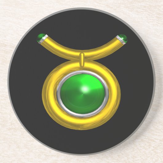 TAURUS〔占星術の〕十二宮図誕生日ジュエルエメラルド、金ゴールド、ブラック コースター (正面)