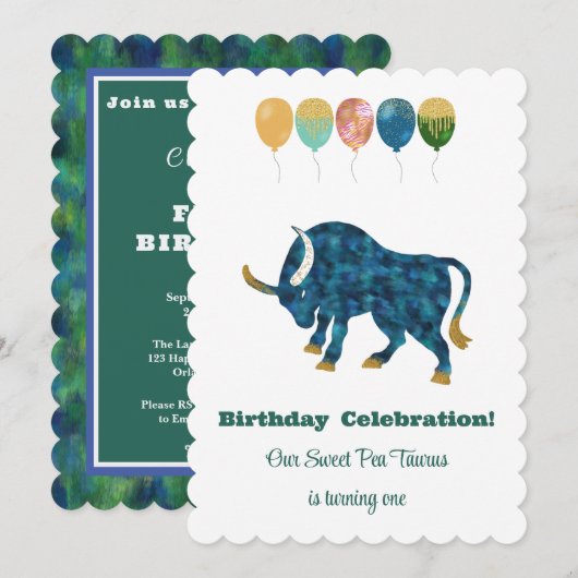 Taurus 1st Birthday Impressionist Gold Glitter 招待状 (正面/裏面)