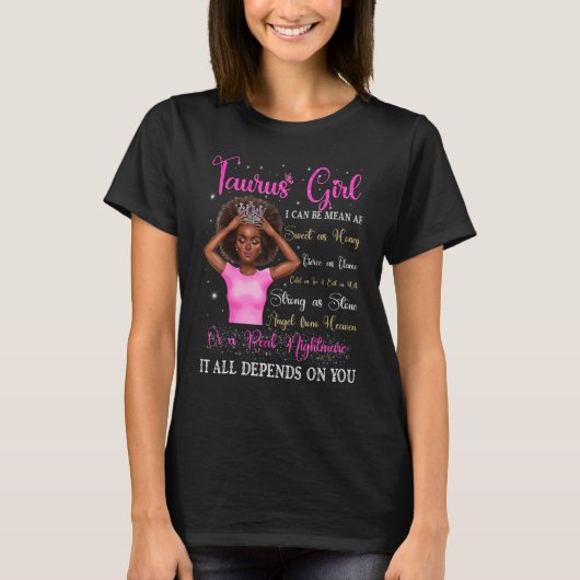 Taurus Girl Black Queen Zodiac Birthday Afro Women Tシャツ (正面)