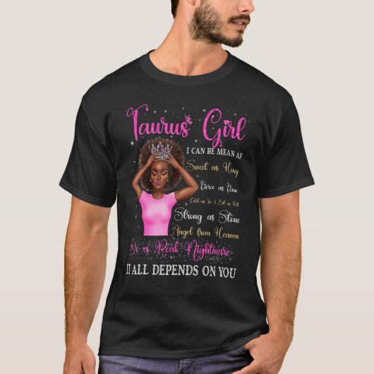 Taurus Girl Black Queen Zodiac Birthday Afro Women Tシャツ (正面)