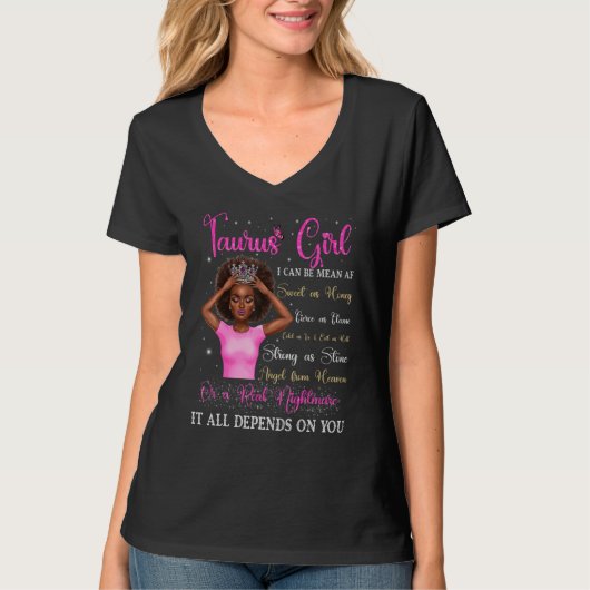 Taurus Girl Black Queen Zodiac Birthday Afro Women Tシャツ (正面)