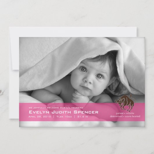 Taurus the Bull Photo Birth Announcement Card 案内状 (正面)