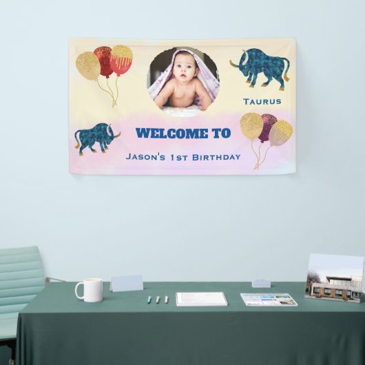 Taurus Watercolor 1st Birthday Photo Sign 横断幕 (トレードショー)