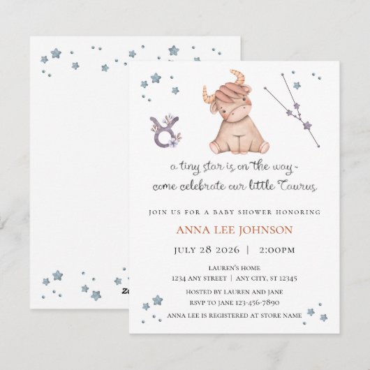Taurus Zodiac Baby Shower Invitation シーズンカード (正面/裏面)