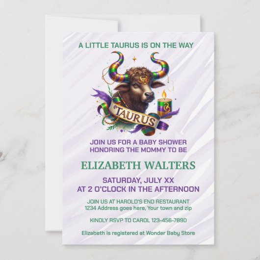 Taurus Zodiac Baby Shower Lavender and Green 招待状 (正面)