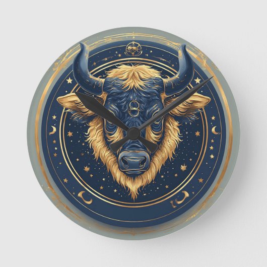 Taurus Zodiac Bull Emblem With Gold Ring ラウンド壁時計 (正面)