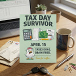Taxes Done Brain Fried Funny April 15 Tax Survivor ポストカード<br><div class="desc">Celebrate making it through the paperwork marathon with this hilarious "Tax Day Survivor" design. Featuring a comical bird with a literally fried brain and a desk overflowing with 1040 forms and receipts, it perfectly captures that exhausted April 15 feeling. This "Taxes Done. Brain Fried." design is a great way to...</div>