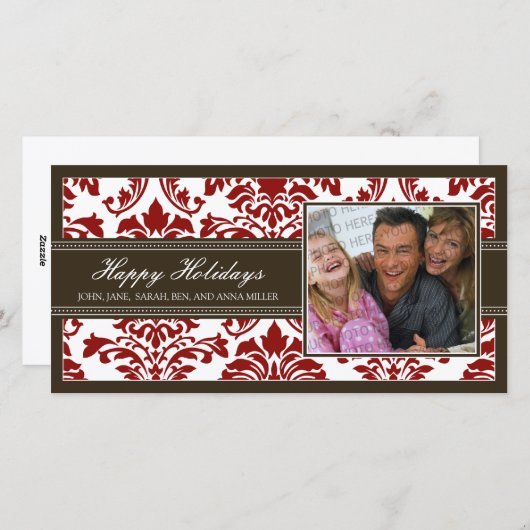 {TBA}ブラウン&レッドエレガントダマスクハッピーホリデー シーズンカード (正面/裏面)